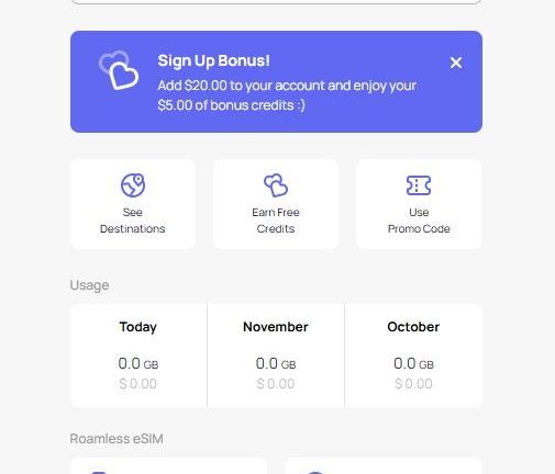 免费eSIM号码全球流量卡 无实名0月租 注册送4.98+美元:Roamless